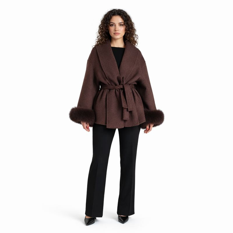 Dames Wollen Jas met Ceintuur – Faux Fur Manchetten