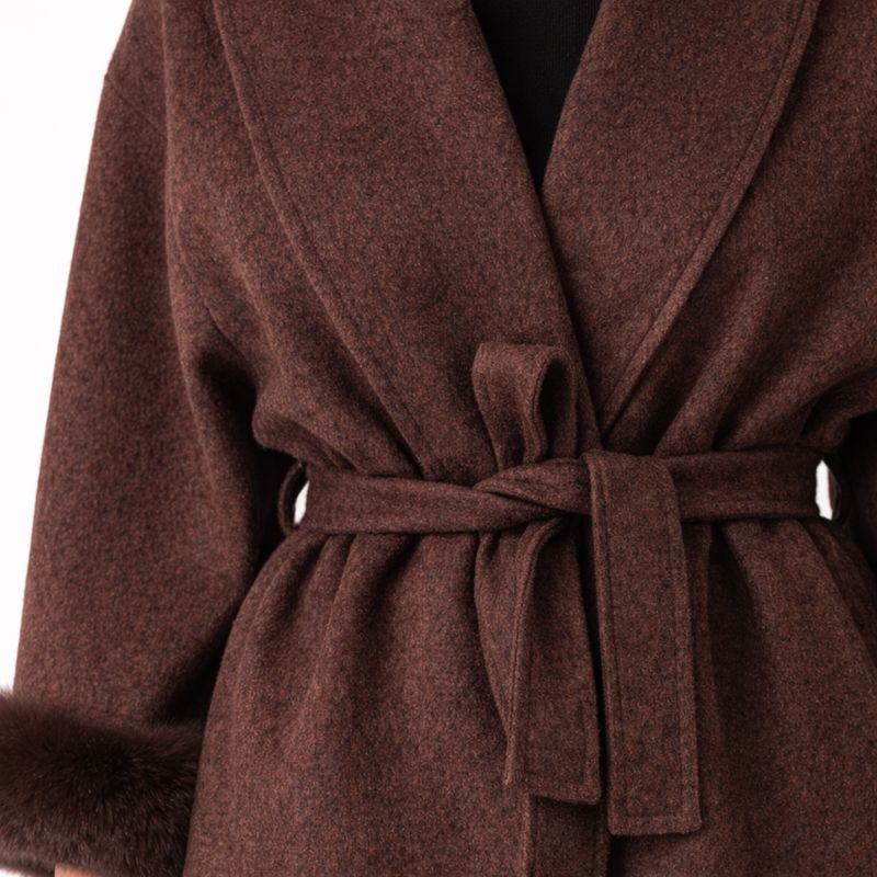 Dames Wollen Jas met Ceintuur – Faux Fur Manchetten