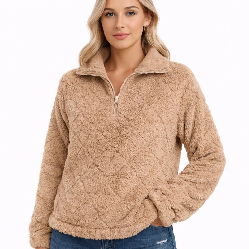 Teddy Half-Zip Sweater voor Dames met Hoge Kraag